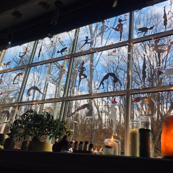 Wide shot of the window in the Sykesville yoga studio, looking out.